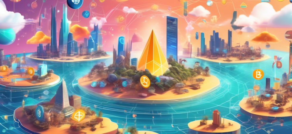 Create an image depicting an abstract representation of various cryptocurrency platforms as unique, futuristic islands floating in the sky. Each island showcases distinctive features like digital security symbols, graphs indicating market trends, and user interface holograms. Depict a diverse group of investors using advanced technology to interact with the islands, symbolizing their pursuit of the best investment platform tailored to their needs. The sky is filled with the logos of popular cryptocurrencies like Bitcoin, Ethereum, and others, adding a touch of familiarity for crypto enthusiasts.