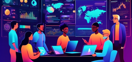 Create an illustration showing a diverse group of investors, from different age groups and backgrounds, gathered around a futuristic digital screen displaying the Webull Crypto platform. The screen showcases vibrant graphs, cryptocurrency symbols, and market data. The setting should convey a sense of collaboration and learning, with each person engaged and focused on understanding cryptocurrency investments. The atmosphere should be dynamic and innovative, reflecting the modern and accessible nature of investing with Webull Crypto.