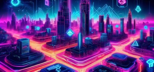 Create an image that symbolizes the rise and potential of altcoins in the cryptocurrency market: depict a futuristic digital cityscape with diverse altcoin symbols like Ethereum, Ripple, and Cardano radiating vibrant neon lights, surrounding a central Bitcoin emblem to represent their connection, with a bustling cyber market scene showcasing traders and digital nodes interconnected through streaming data lines.