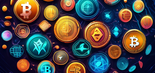 Create an image of a diverse array of futuristic and unique digital coins, each representing different cryptocurrencies, set against a dynamic, high-tech background. The coins should glow with vibrant colors and have intricate, fictional designs reminiscent of advanced technology. The setting should suggest a sense of limitless potential and prosperity, capturing the concept of promising investments for maximum returns. Include subtle elements like upward graphs or financial symbols to convey growth and success.