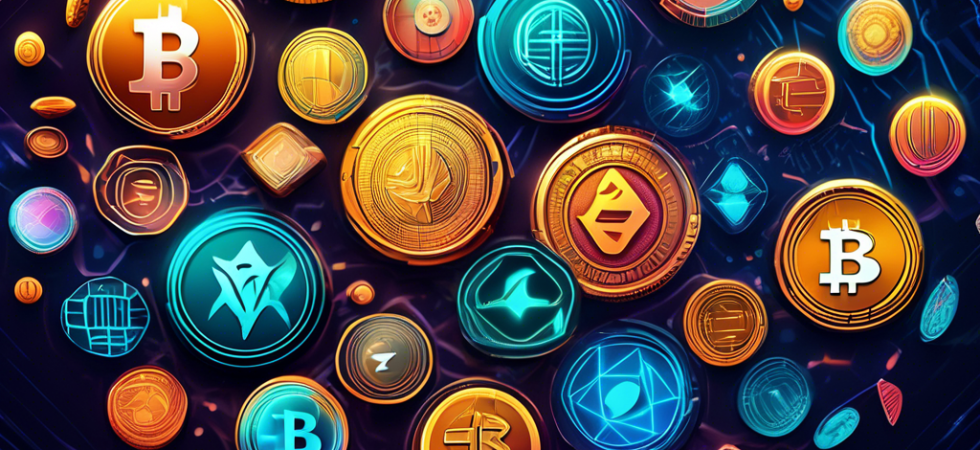 Create an image of a diverse array of futuristic and unique digital coins, each representing different cryptocurrencies, set against a dynamic, high-tech background. The coins should glow with vibrant colors and have intricate, fictional designs reminiscent of advanced technology. The setting should suggest a sense of limitless potential and prosperity, capturing the concept of promising investments for maximum returns. Include subtle elements like upward graphs or financial symbols to convey growth and success.