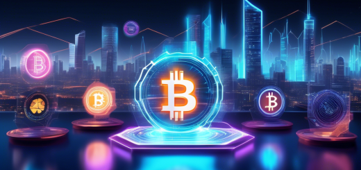 Create an image depicting a futuristic digital marketplace where various cryptocurrencies are displayed as glowing holograms. Each hologram features the logo of popular cryptocurrencies like Bitcoin, Ethereum, and emerging altcoins, all set against the backdrop of a sleek, modern cityscape at night. Digital traders, represented as transparent figures, interact with the holograms using VR devices, showcasing the dynamic world of cryptocurrency trading. Include elements of excitement and innovation to highlight the concept of top picks in the crypto world.