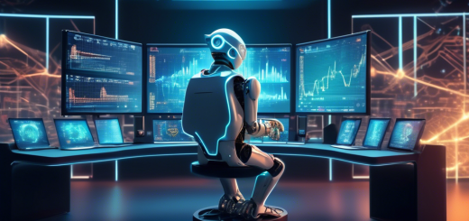 Create an image of a futuristic, digital landscape where a humanoid robot is seated in front of multiple computer screens displaying fluctuating cryptocurrency graphs. The robot is analyzing the data with glowing eyes, showcasing both strategic decision-making and a hint of caution. The environment should blend elements of advanced technology with cautionary symbols, such as small warning signs or digital locks, representing the dual nature of benefits and risks involved in using crypto trading bots.