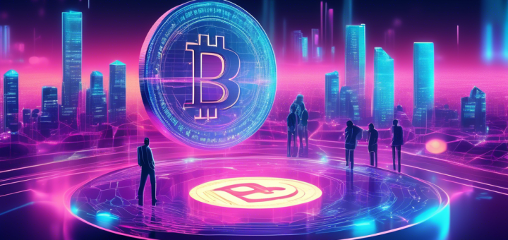 Create an image of a futuristic digital marketplace with holographic displays showing fluctuating cryptocurrency prices, prominently highlighting Pi Coin. The scene should include diverse characters engaged in trading and analyzing data, with a modern cityscape in the background. The overall atmosphere should convey a sense of innovation and technology, reflecting the dynamic nature of cryptocurrency trends.