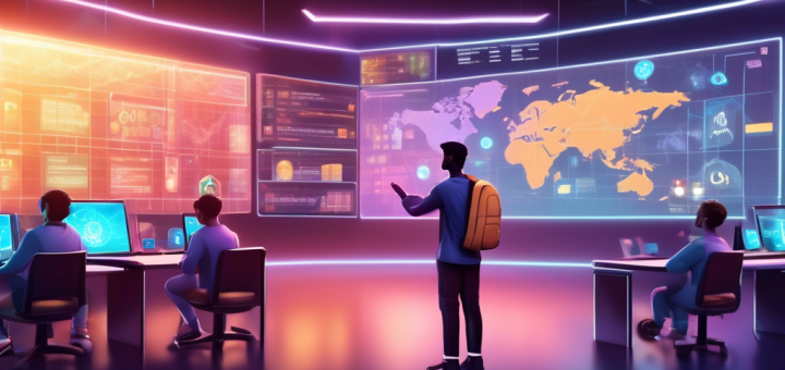 Create an image of a futuristic classroom where diverse students are learning about buying cryptocurrency. The classroom features large digital screens displaying graphs and coin symbols like Bitcoin, Ethereum, and others. A holographic teacher stands at the front, pointing at a virtual currency chart. Include floating digital wallets and mobile devices with cryptocurrency apps open on screens. The atmosphere should be modern, educational, and engaging, showcasing a blend of technology and learning.