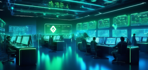 Create an image showcasing a futuristic cryptocurrency mining operation. The scene features a high-tech facility filled with rows of advanced mining rigs, buzzing with activity. The room is illuminated with a neon blue and green glow, highlighting digital currency symbols floating in the air. In the background, large screens display live crypto market data and charts, emphasizing the goal of maximizing earnings. The atmosphere conveys innovation, technology, and profitability in the world of cryptocurrency mining.