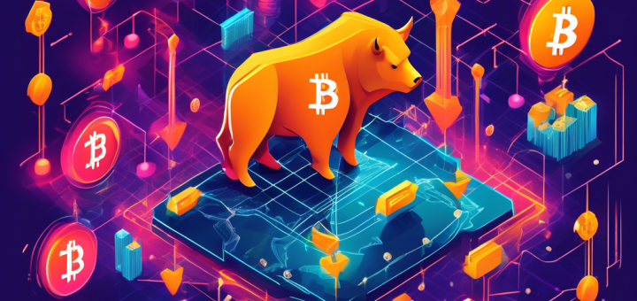 Create an image depicting the dynamic intersection of cryptocurrency and stock markets. Illustrate a bustling digital landscape featuring symbols of major cryptocurrencies like Bitcoin and Ethereum interwoven with traditional stock market imagery like candlestick charts and bull & bear icons. Use vivid colors to convey the growth and impact of crypto stocks on global finance, capturing a sense of innovation and technological advancement.